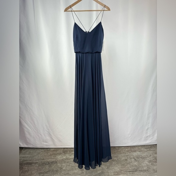 NWT Jenny Yoo Inesse Chiffon V Neck Maxi Dress in Navy Blue Size 2 - Picture 7 of 12